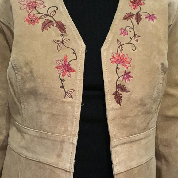 Vintage-Inspired Nubuck Leather Jacket with Embroidered Floral Detail - Picture 5 of 6